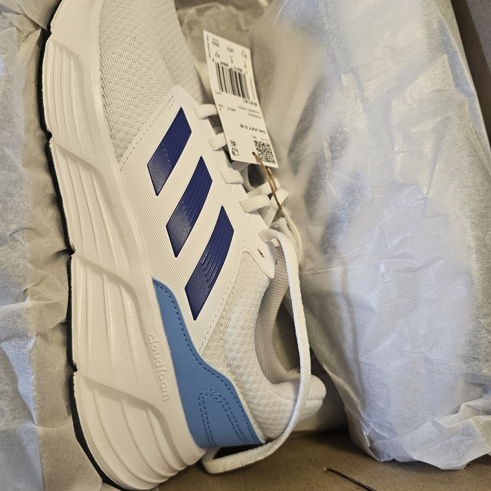 Adidas White Running Shoes with Blue Stripes